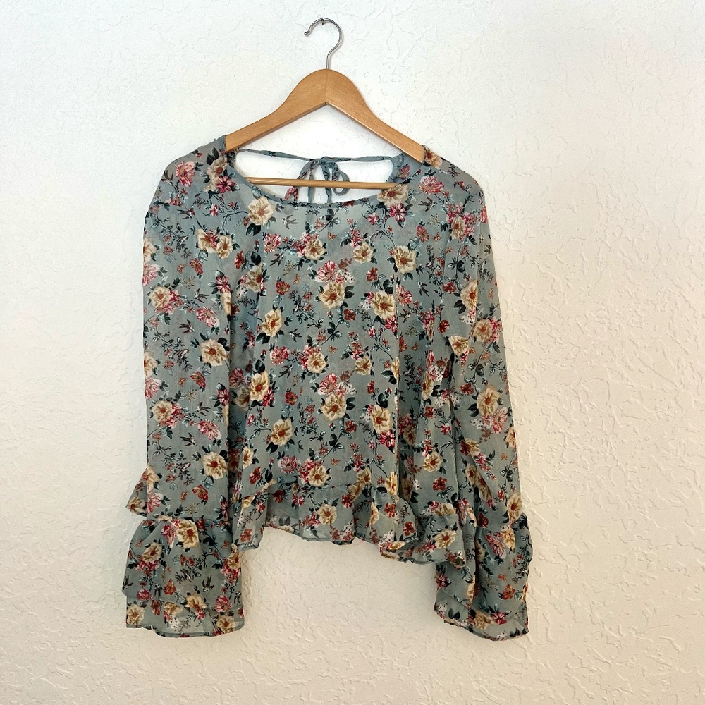 Cottage Fairycore Blouse, S, Peplum Sleeve, Ruffle edge, Top Open Tie Back